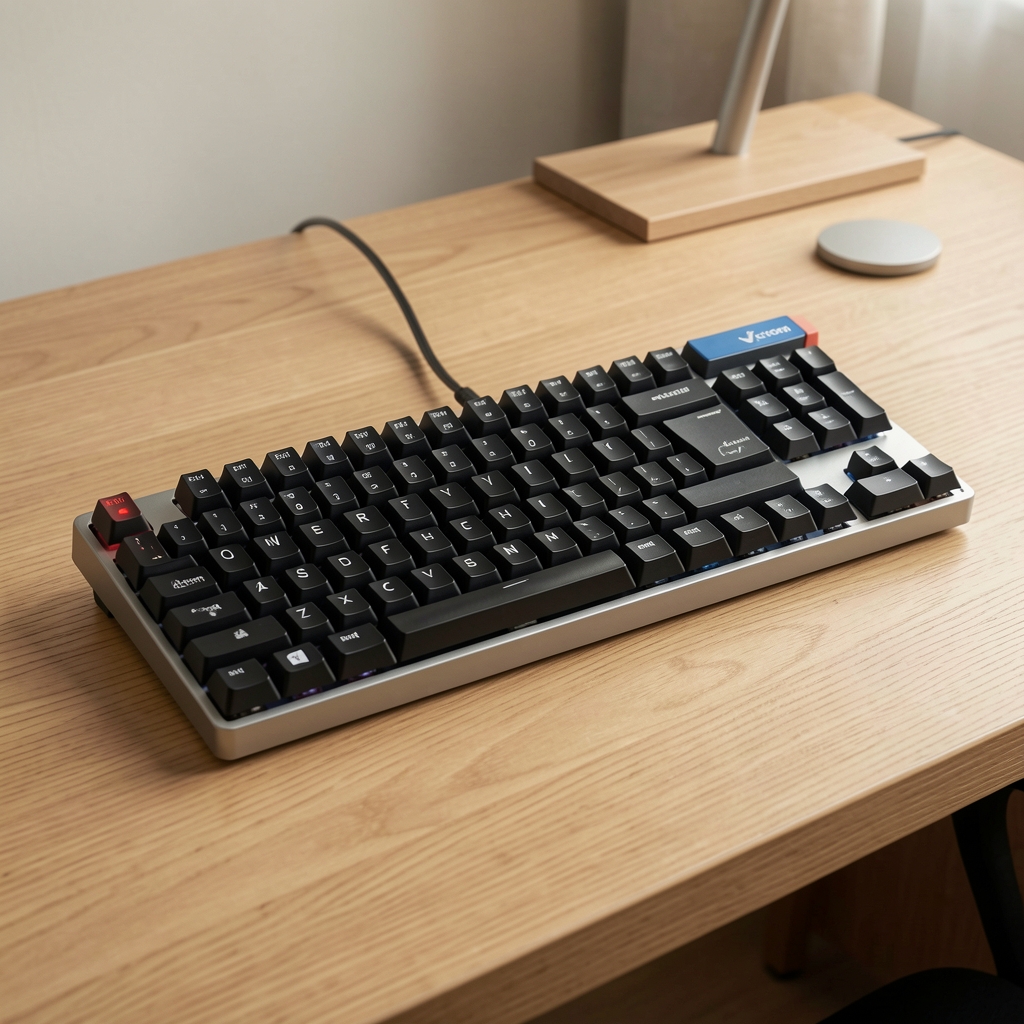 Tastatura mecanica Keychron cu switch-uri Cherry MX pe birou de lemn minimalist